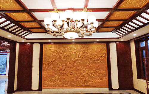 镇原中式别墅客厅中式木作横梁吊顶装饰展示